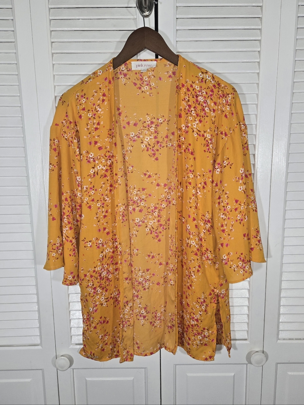 Pink Rose Orange Floral Open Front Kimono Wide Sleeves Duster Jacket Sz S
